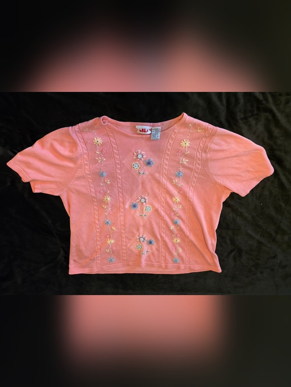 Alia Pink Embroidered Floral Cable-Trim Crewneck Sweater Grandmacore Cottagecore